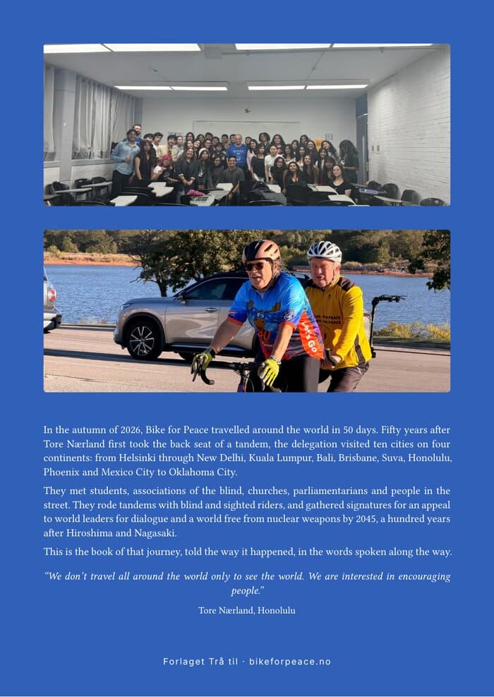 Back cover: a group photo of students, two people on a tandem by a lake, and the back cover text.