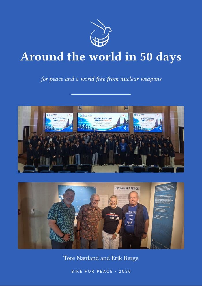 Front cover: the title above a group photo of students in a lecture hall and a photo of four people in front of a peace exhibition.